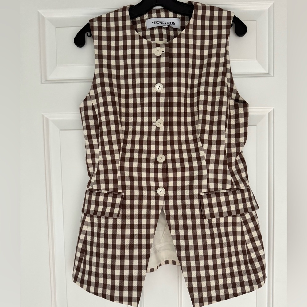 Veronica Beard Gingham Checkered Vest in Brown and Cream